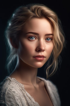 Portrait of a beautiful young blonde woman on a black background.の素材