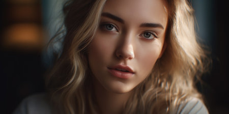 Portrait of a beautiful young woman with long blond hair and makeup.の素材