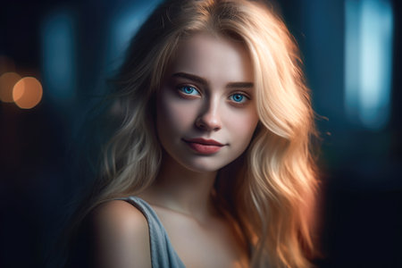 Portrait of a beautiful girl with blond hair and blue eyes.の素材