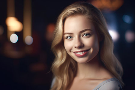 Portrait of beautiful young woman with blond hair smiling and looking at camera.の素材