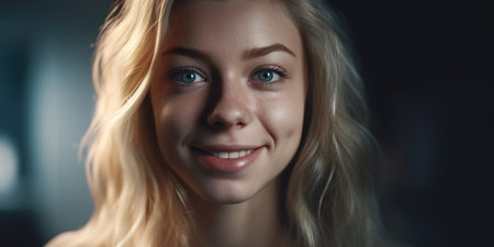 Portrait of a beautiful young woman with long blond hair and blue eyesの素材