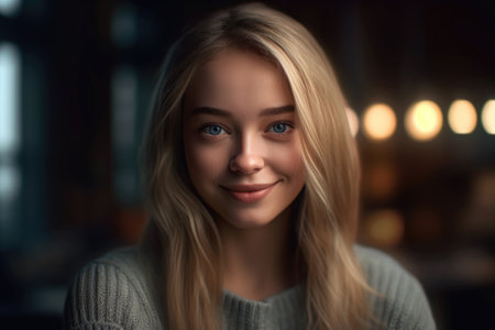 Portrait of a beautiful girl with blond hair in a sweater.の素材
