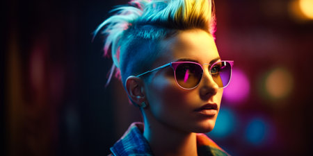Portrait of a beautiful young woman with short hairstyle in stylish sunglasses.の素材