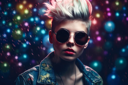 Portrait of a beautiful punk girl with short hair and sunglasses.の素材