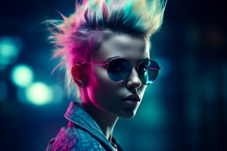 Fashion shot of a beautiful young woman with short hairstyle and sunglasses.の素材