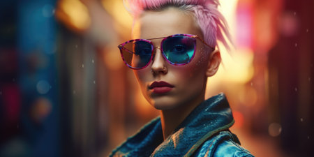 Fashion shot of a beautiful young woman with pink hair and sunglasses.の素材