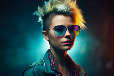 Portrait of a beautiful punk girl in sunglasses on a dark background.の素材