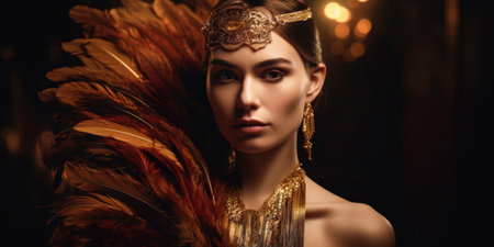 Portrait of a beautiful young woman in a gold costume with feathersの素材