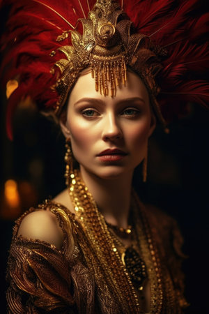 Portrait of a beautiful young woman with red feather headdress. luxury style.の素材
