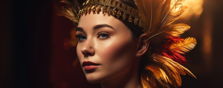 beautiful young woman in golden headdress with feathers on dark backgroundの素材