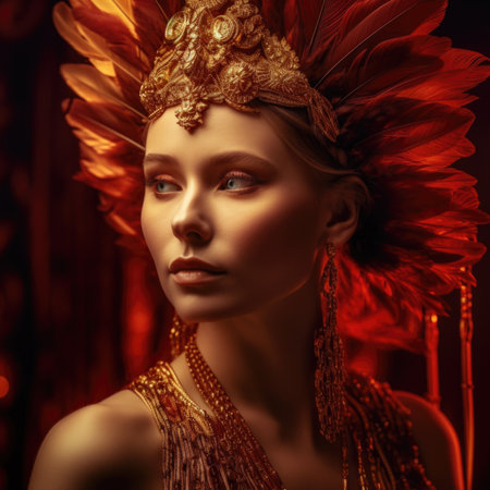 Portrait of a beautiful young woman in a headdress of feathers. luxury, beauty.の素材