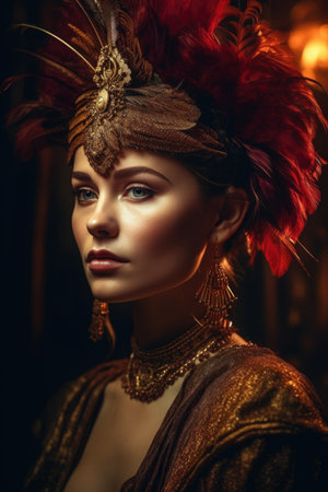 Portrait of a beautiful young woman in a headdress with feathers. Beauty, fashion.の素材