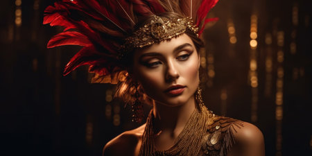 Portrait of a beautiful young woman in a headdress of feathers.の素材