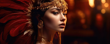 Portrait of a beautiful woman with red feathers on her head.の素材