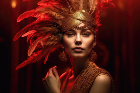 Portrait of a beautiful young woman with red feathers. boho style.の素材