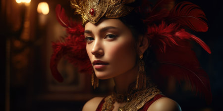 Portrait of a beautiful woman with red feathers on her head.の素材