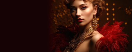 Portrait of a beautiful young woman with red feather boa.の素材