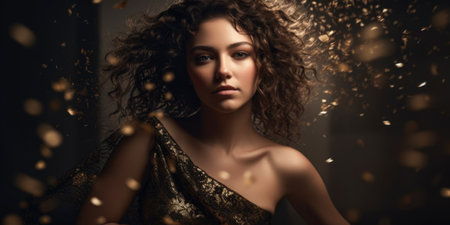 Portrait of beautiful young woman with curly hair in golden confettiの素材