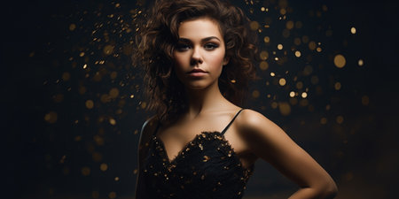 Beautiful young woman with curly hairstyle in black dress on dark backgroundの素材
