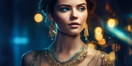 Fashion shot of a beautiful young woman with evening make-up and gold jewelry.の素材