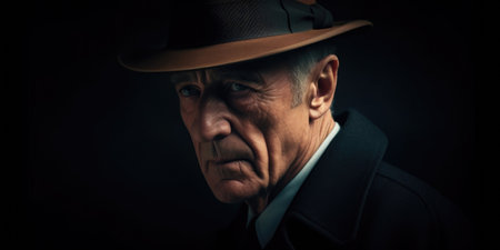 Portrait of an old man in a hat on a dark backgroundの素材