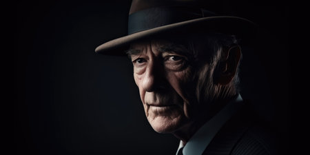 Portrait of an old man in a hat on a dark backgroundの素材