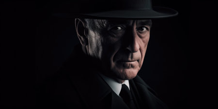 Portrait of a senior man in a top hat on a black backgroundの素材