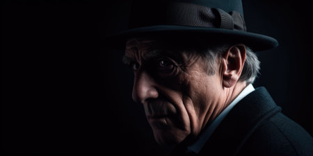 Portrait of an old man in a hat on a black backgroundの素材