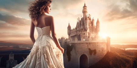 Beautiful young woman in a wedding dress against the backdrop of the castleの素材