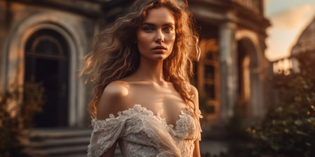 Fashion portrait of beautiful young woman with curly hair in white dressの素材