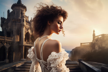 Beautiful young woman with curly hair in white dress on the background of the castleの素材