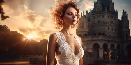 Beautiful young woman in a white lace dress on the background of the castleの素材