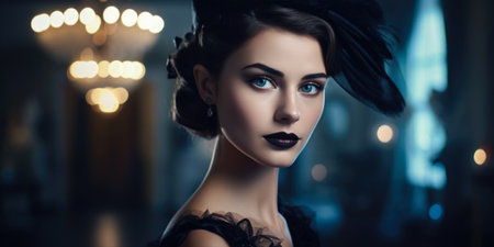 Beautiful young woman with evening make-up and black hat.の素材
