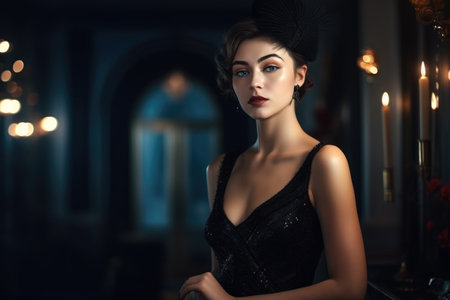 Portrait of a beautiful girl in a black dress in the interiorの素材
