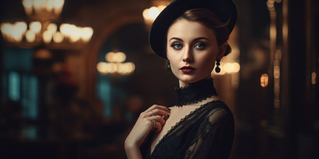 Portrait of beautiful young woman in black dress and hat. retro style.の素材