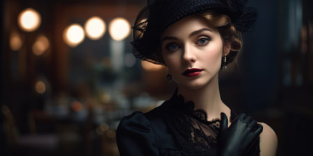 Portrait of a beautiful young woman in black dress and hat.の素材