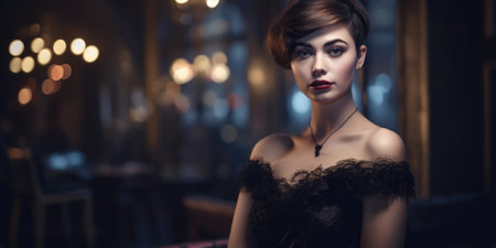 Portrait of a beautiful young woman in a black dress posing in a restaurantの素材
