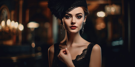 Portrait of a beautiful woman in a black dress and hat.の素材