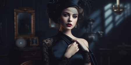 Portrait of a beautiful young woman in a vintage interior. retro style.の素材