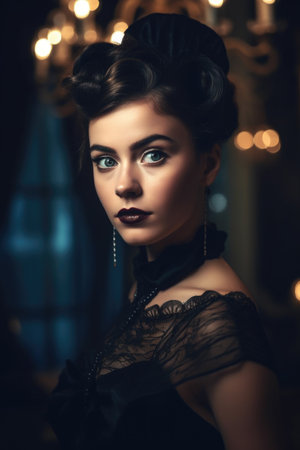 Portrait of a beautiful young woman in black dress. vintage style.の素材