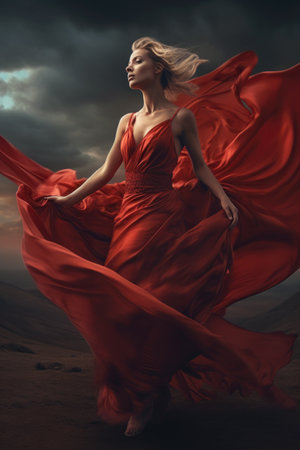 Beautiful young woman in red dress with flying fabric over dramatic skyの素材