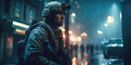 Portrait of a special forces soldier in uniform standing on the street at nightの素材