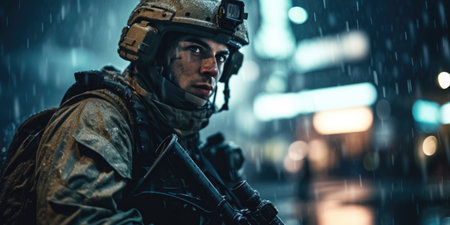 Portrait of a special forces soldier in a night city. military concept.の素材