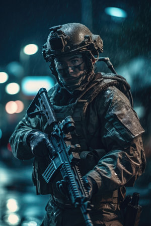 Special forces soldier in uniform with assault rifle at night under heavy rainの素材