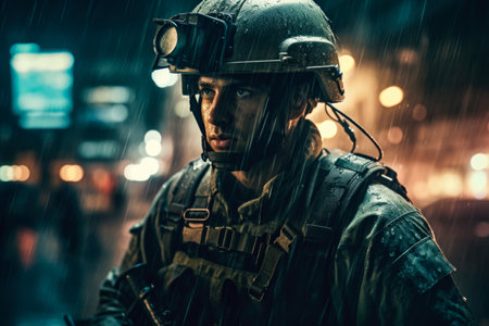 Portrait of a special forces soldier on the street at night.の素材