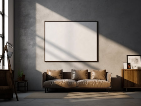 Modern living room interior with a brown sofa and a vertical poster hanging above it.の素材