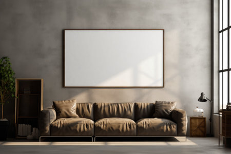 Modern living room interior with empty poster on concrete wall. Mock upの素材