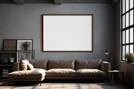 Interior of modern living room with gray walls, concrete floor, brown sofa and mock up poster frame.の素材
