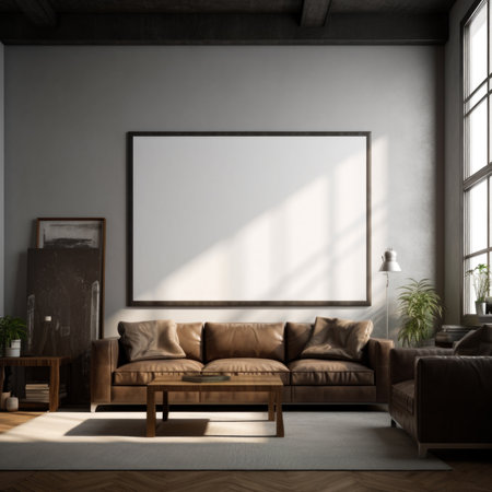 Interior of modern living room with gray walls, concrete floor, brown sofa standing near brown coffee table and vertical mock up poster frame.の素材