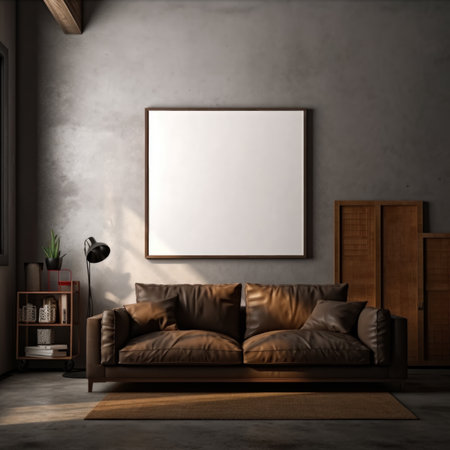 Interior of modern living room with brown sofa, bookshelf and empty poster. Mock upの素材